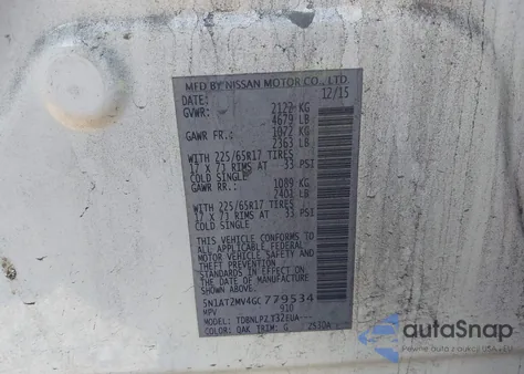 2016 Nissan Rogue S/Sl/Sv из США, поврежденный, VIN 5N1AT2MV4GC779534